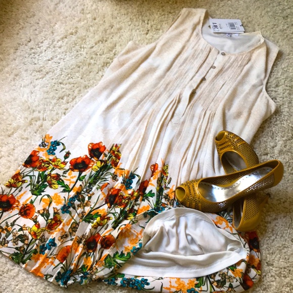 Pleated Floral Hem Sleeveless Shift Dress S - Picture 3 of 13